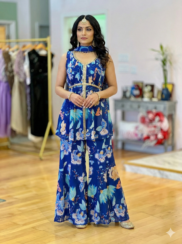 Blue Floral Print Sharara With Choker Dupatta