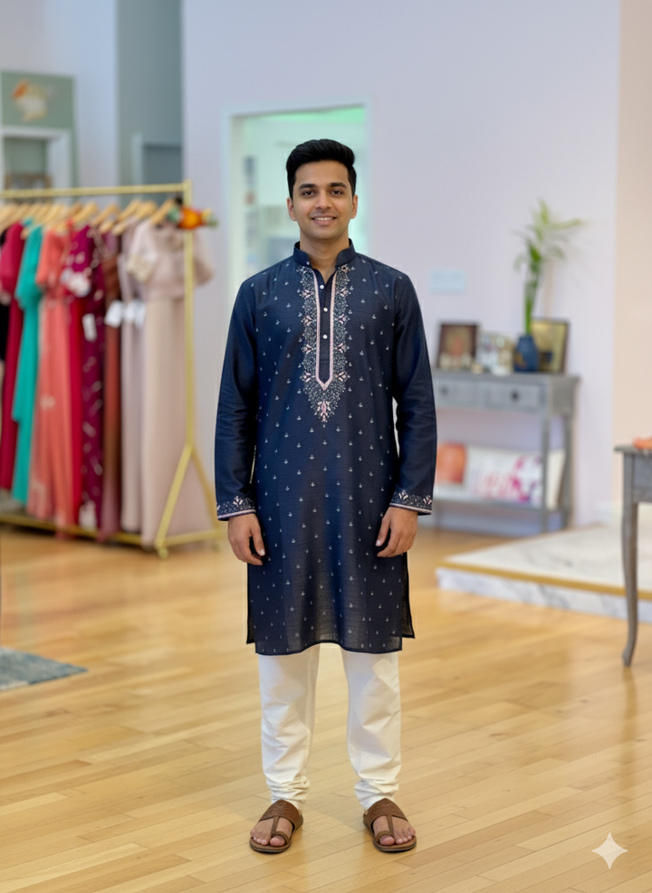 Navy Blue Kurta With Block Print Neck Line