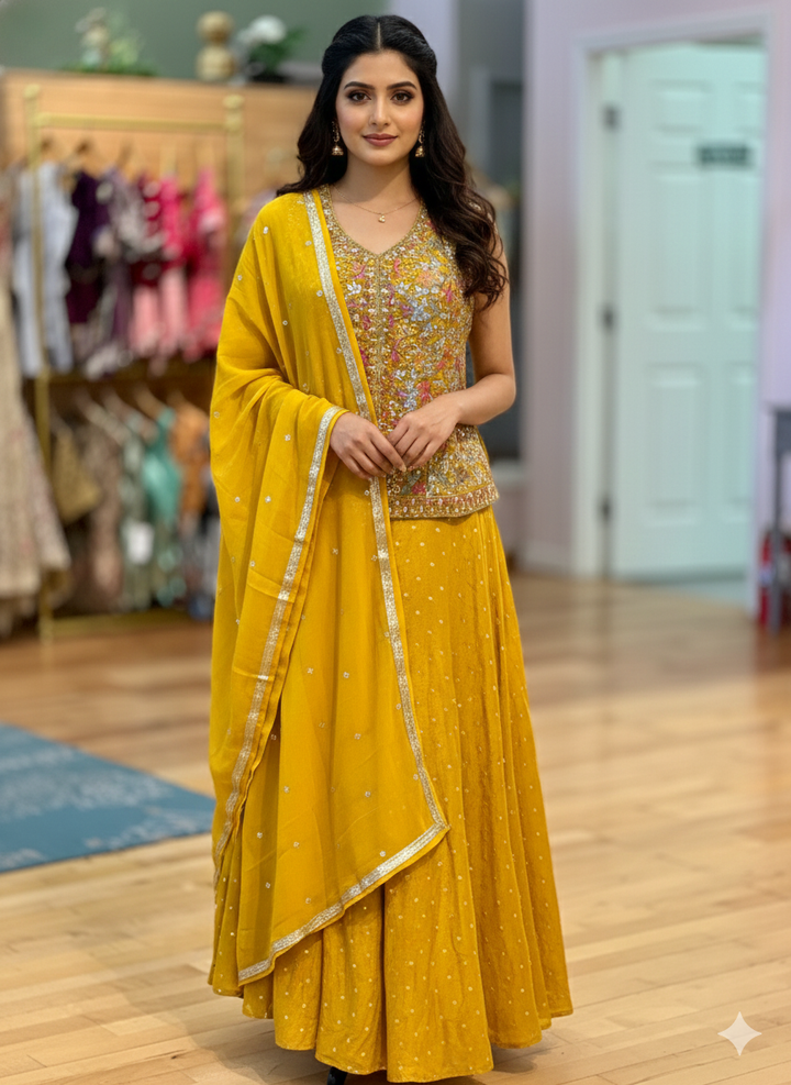 Yellow Sharara With Embroidered Corset Top And Dupatta