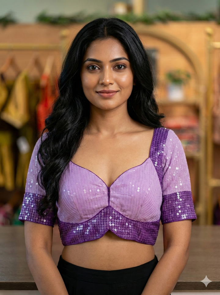 Light And Dark Purple Sequins Embroidered Blouse