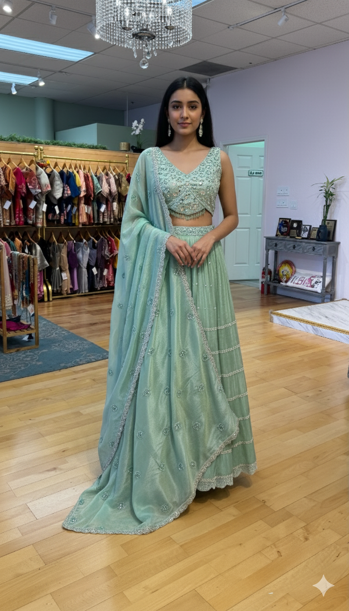 Peppermint Color Lehenga Set With Cutdana And Sequins Embroidery