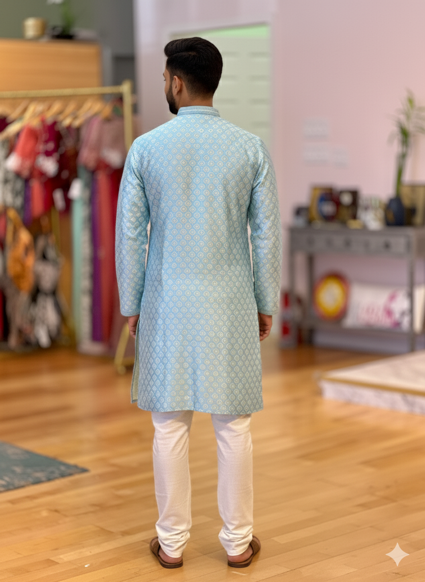 Sky-Blue Banarasi Jacquard Kurta And Pajama