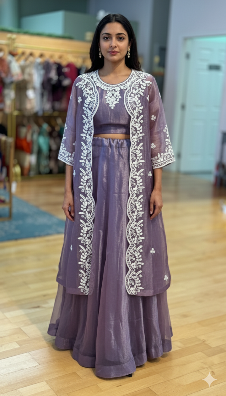 Dark Lavender Tissue Lehenga With Embroidered Blouse And Long Jacket