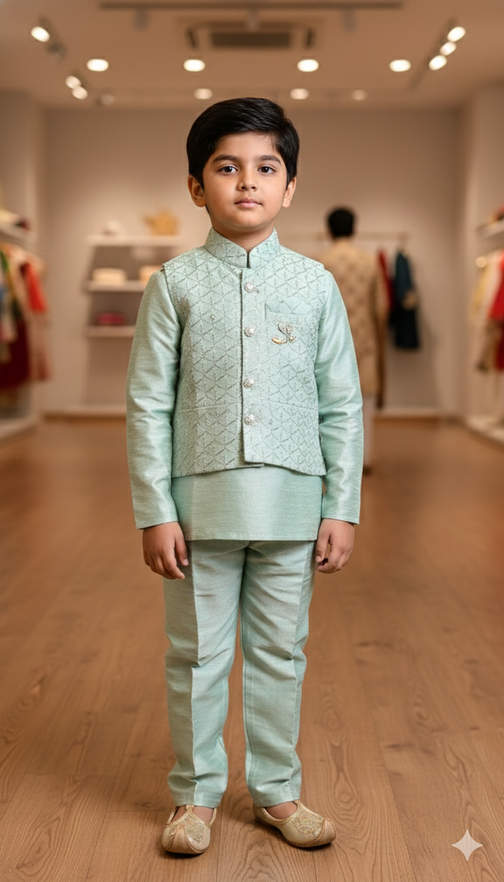 Pastel Mint Kurta Set WIth Sequins Vest