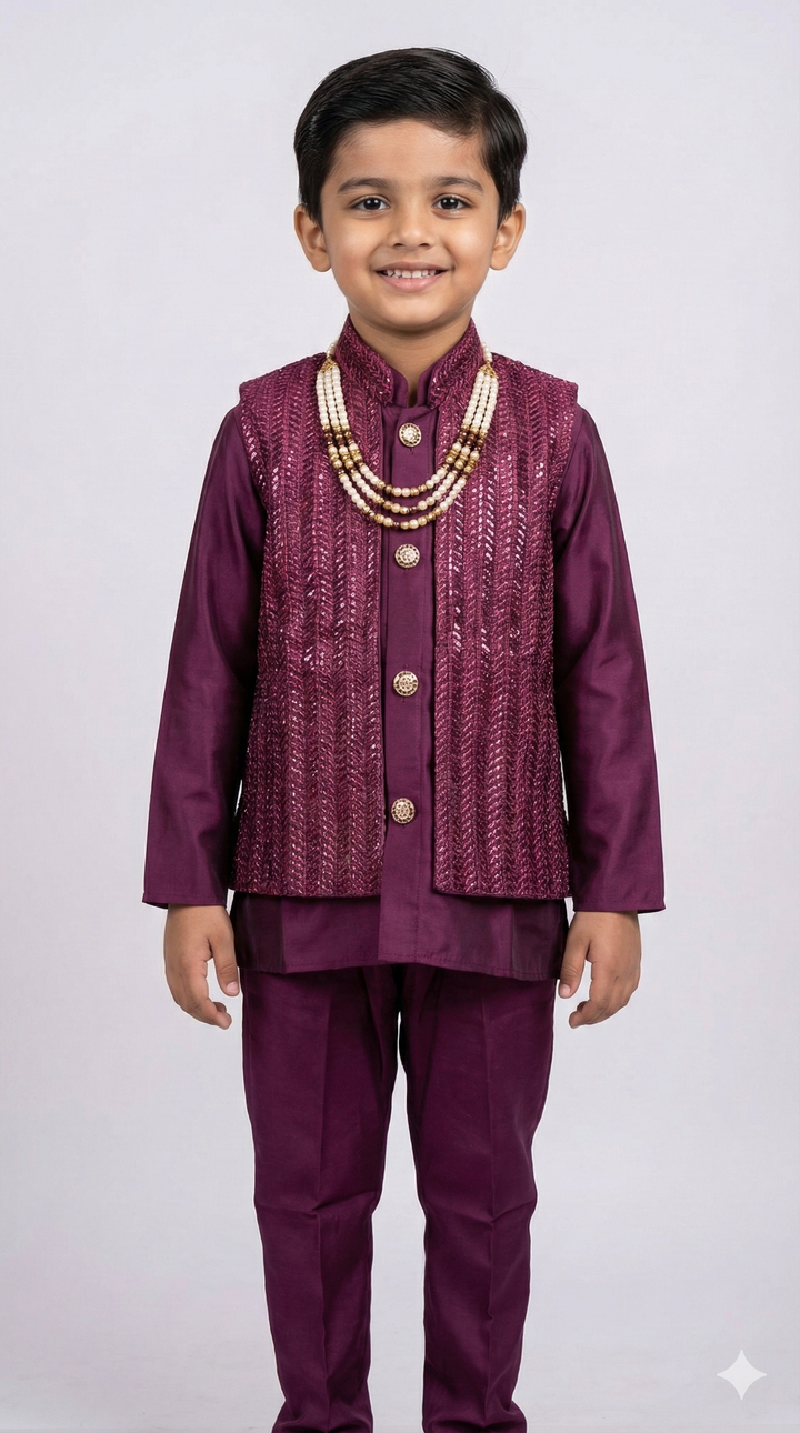 Dark Plum Kurta Set With Sequins Jacket