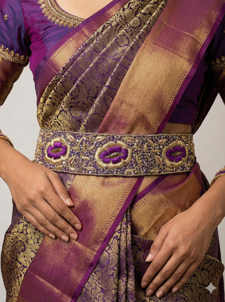 Purple Raw Silk Hand Embroidered Waist Belt