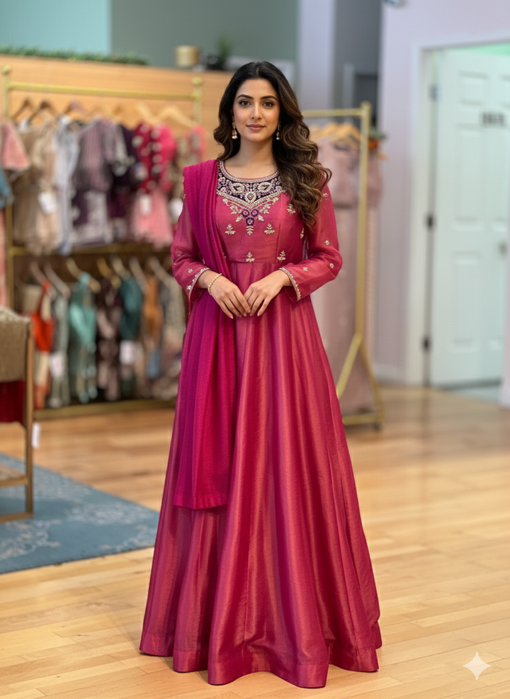Pink Tissue Anarkali Gown With Embroidery And Dupatta
