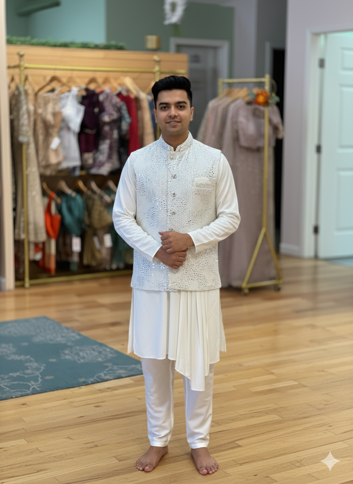 Pristine White Assymmetrical Kurta And Pajama WIth Embroidered Vest