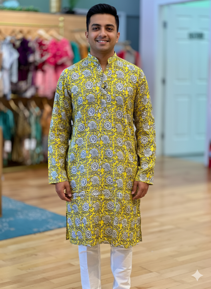 Yellow Gaji Silk Kalamkari Kurta