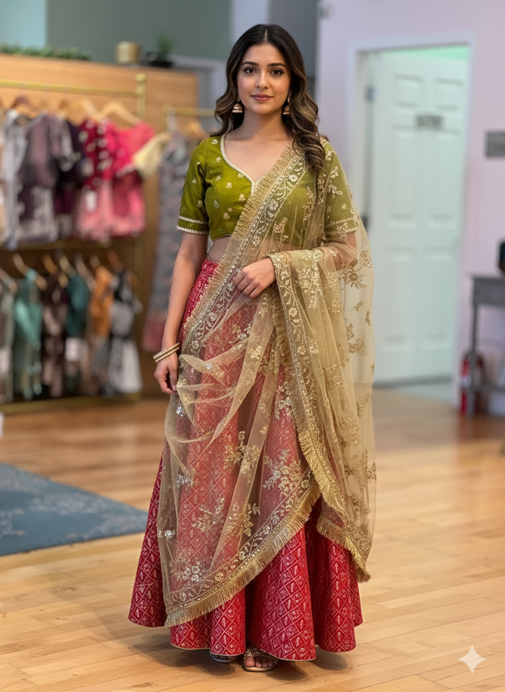 Red And Green Banarasi Silk Brocade Lehenga Set With Gold Dupatta