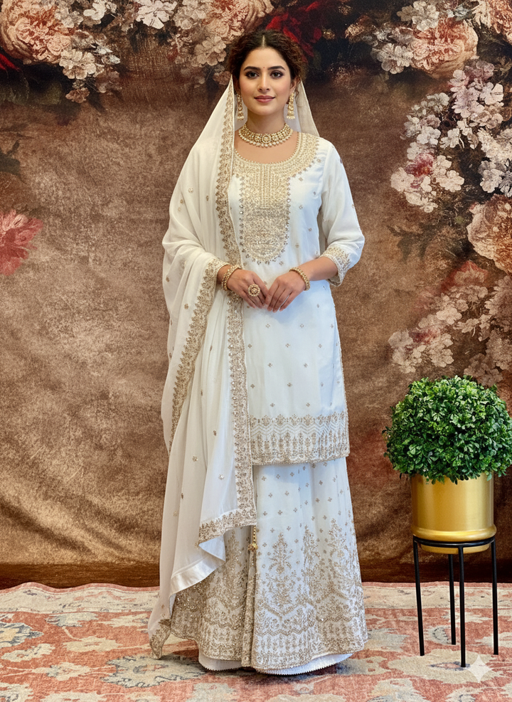 White Heavy-Embroidered Designer Sharara Set