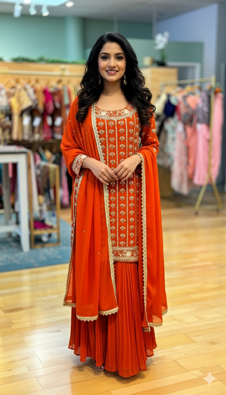 Burnt Orange Embroidered Gharara Set