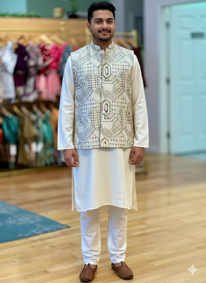 Cream Color Kurta Pajama With Embroidered Vest