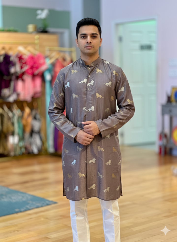 Slate Grey Banarasi Silk Kurta With Pajama