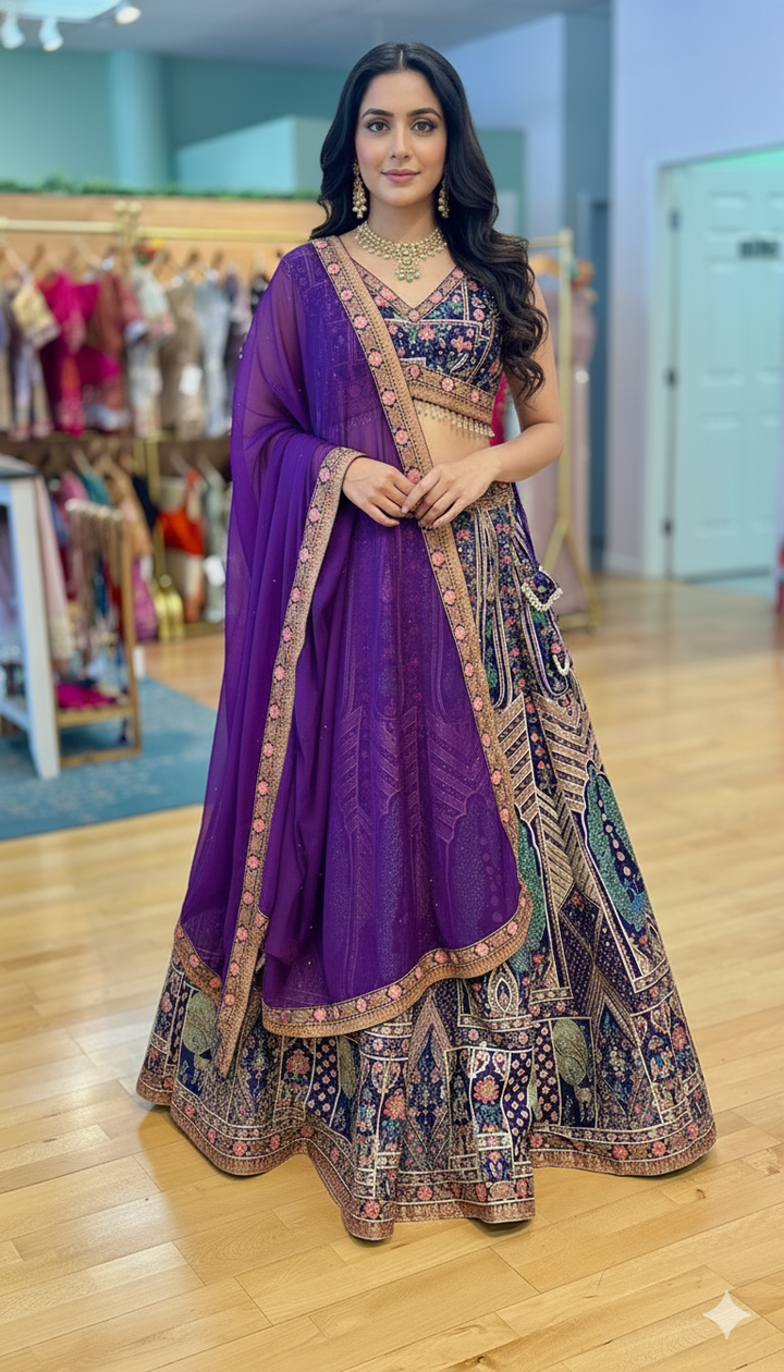 Purple Hand Embroidered Lehenga With Peacock Motifs