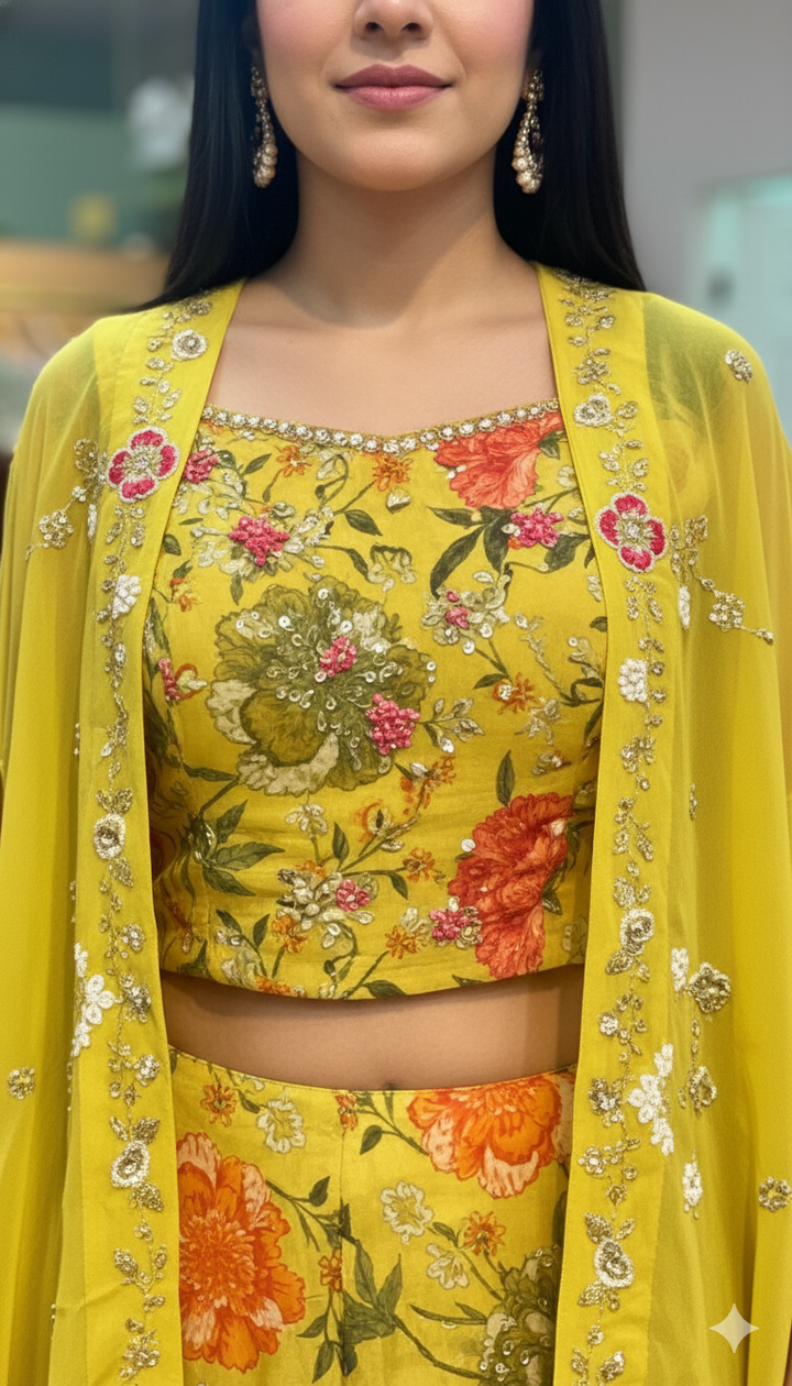 Yellowish Green Multi Floral Sharara Set WIth Cape