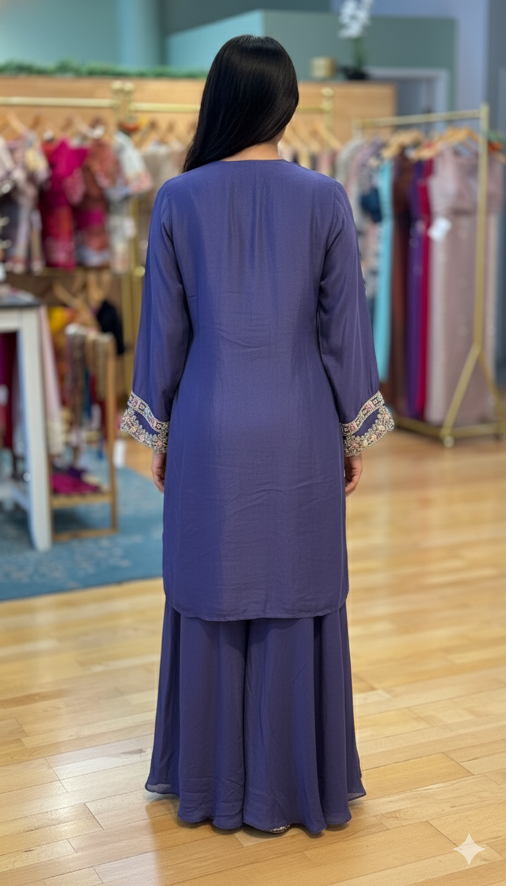 Royal Purple Sharara Set WIth Embroidered Blouse And Jacket