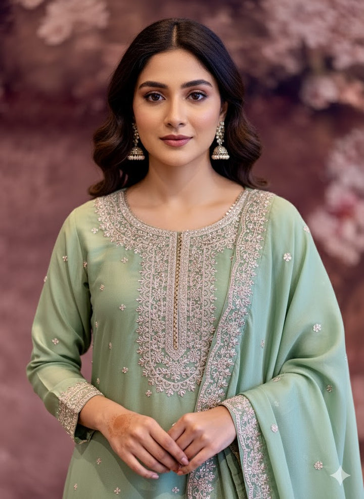Sage Green Embroidered Sharara Set