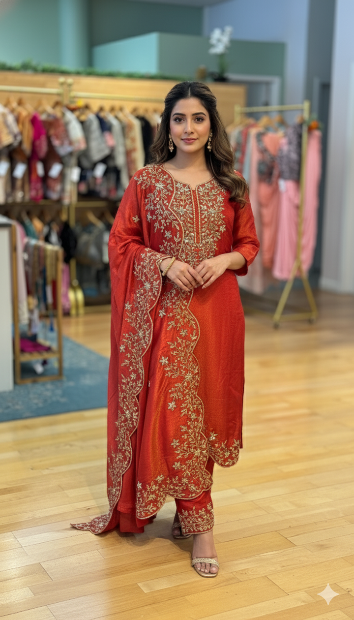 Burnt Orange Mirror Work Embroidered Salwar Set