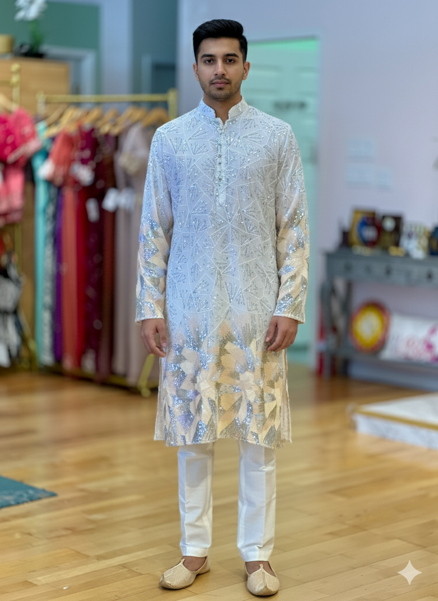 White Sequins Embroidered Kurta And Pajama