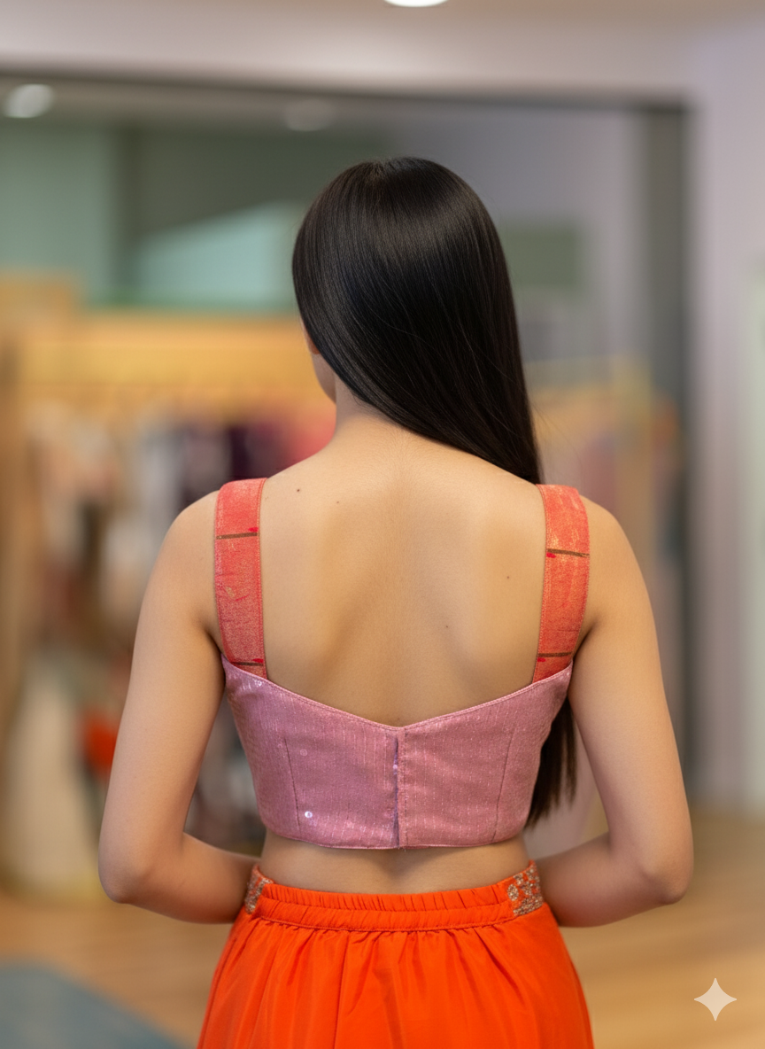 Light Purple Sequins Blouse WIth Paithani Straps Sleeveless Blouse