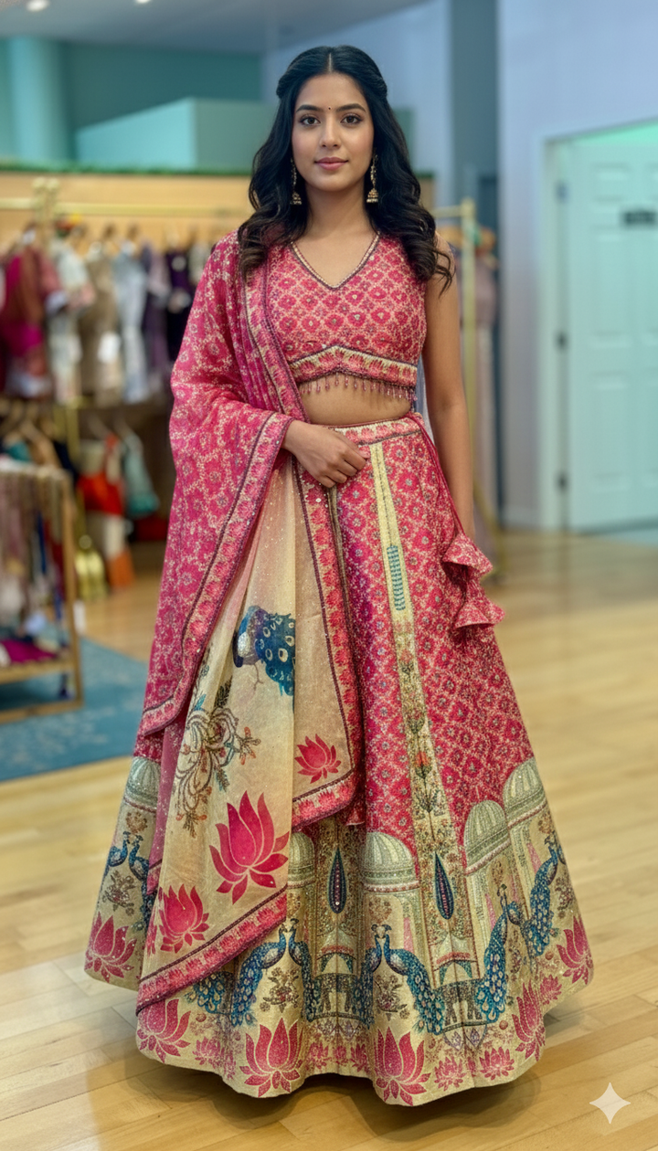 Pink And Gold Combination Embroidered Lehenga Set With Peacock Motifs