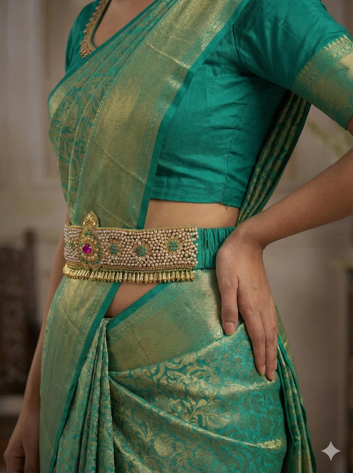 Green Raw Silk Hand Embroidered Waist Belt