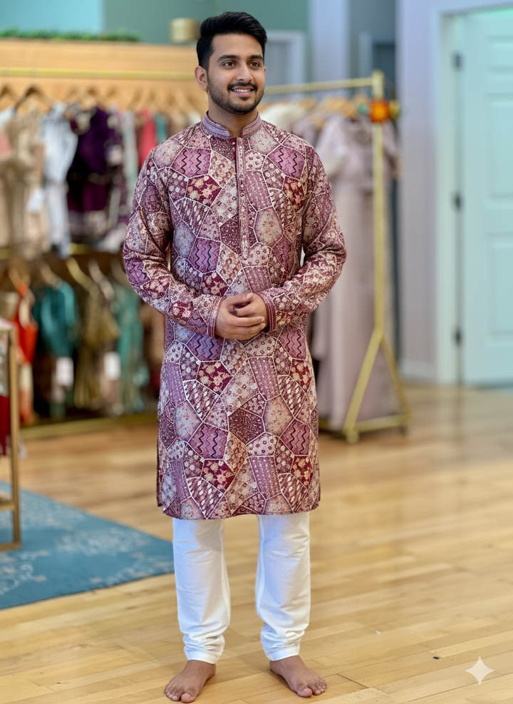 Light Purple Position Print Embroidered Kurta With Pajama
