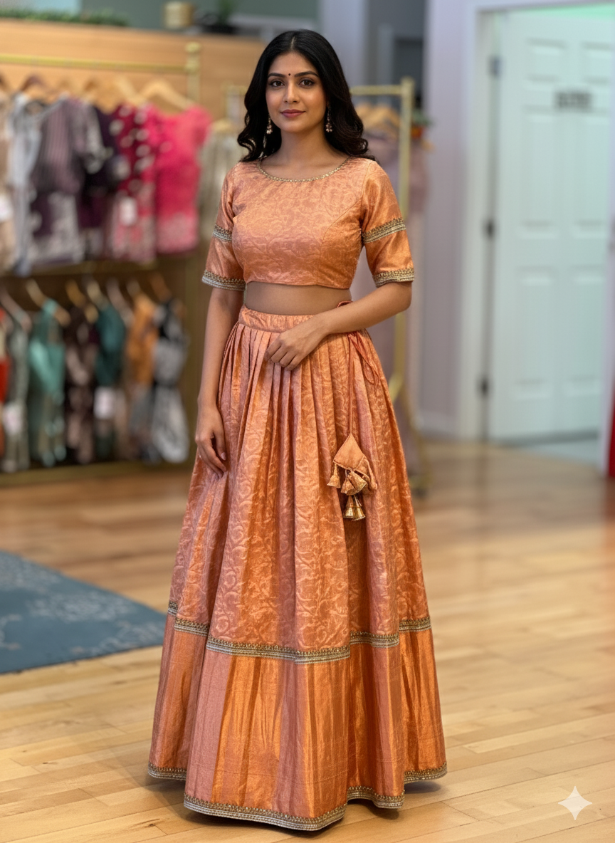 Copper Kanchi Silk Lehenga with Embroidered Borders And Silk Brown Dupatta