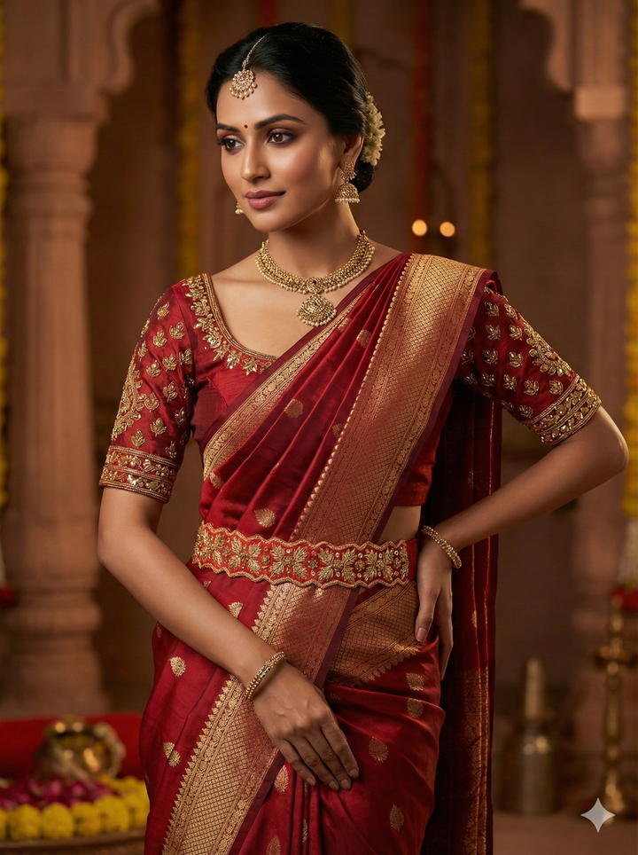 Red Raw Silk Hand Embroidered Waist Belt