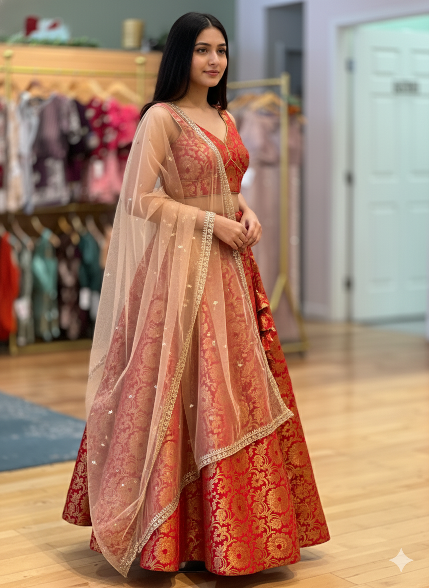 Red Benares Silk Lehenga