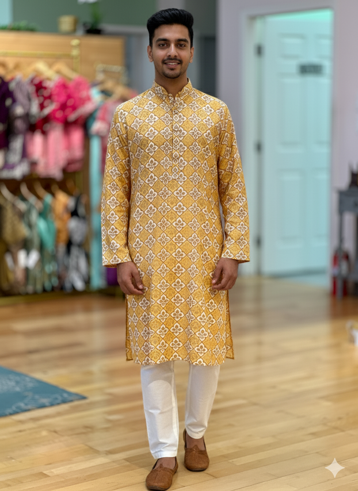 Mustard Yellow Printed Kurta Set