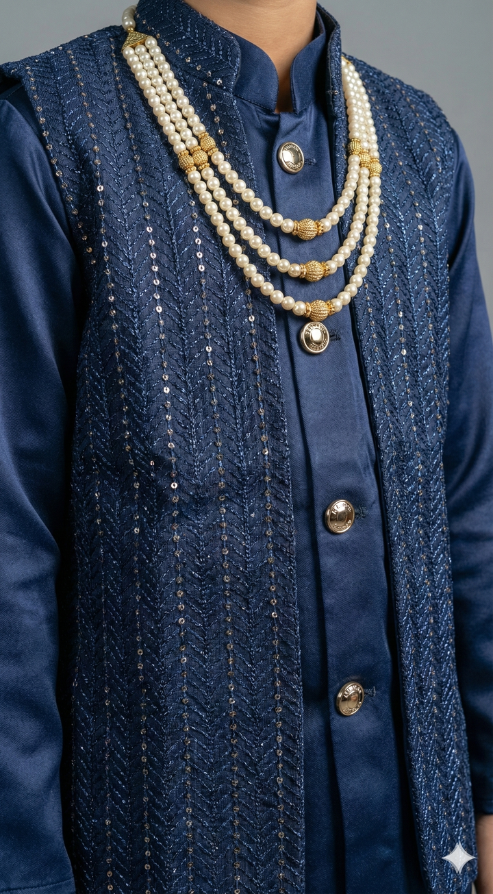 Midnight Blue Kurta Set with Sequins Vest