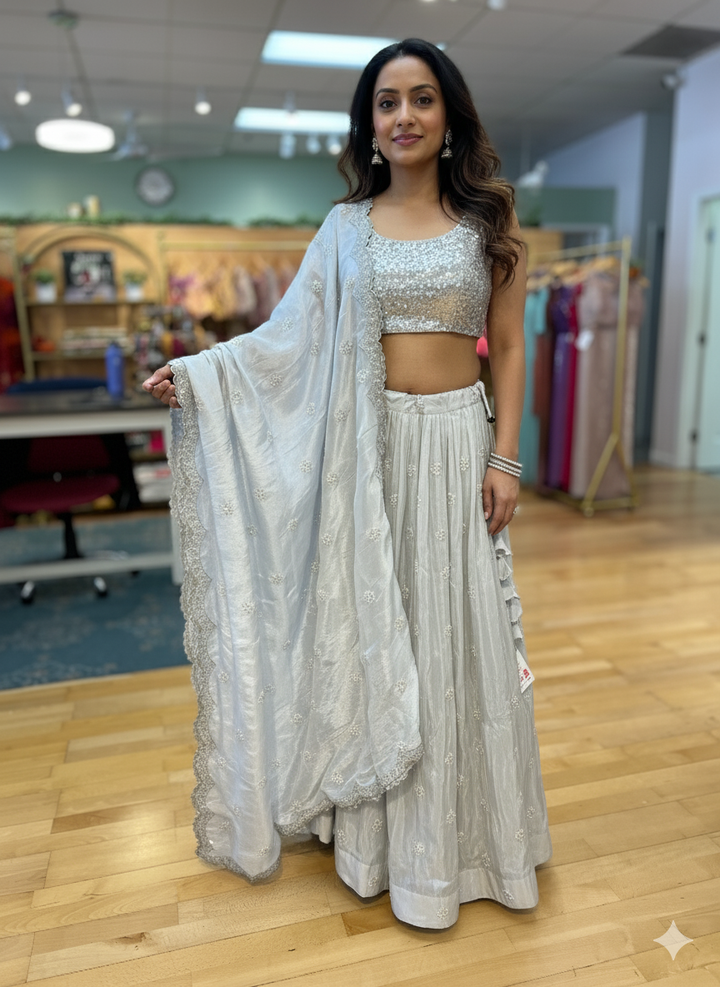 White Cutdana and Sequins Embroidered Lehenga set