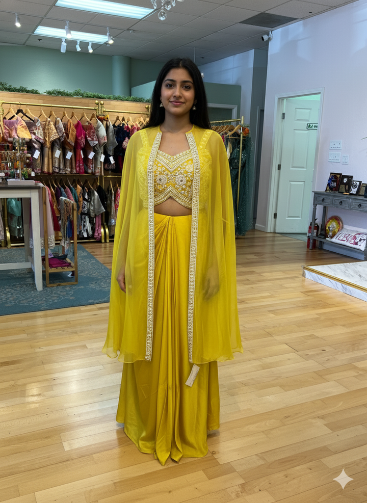 Yellow Draped Skirt With Embroidered Blouse And Cape