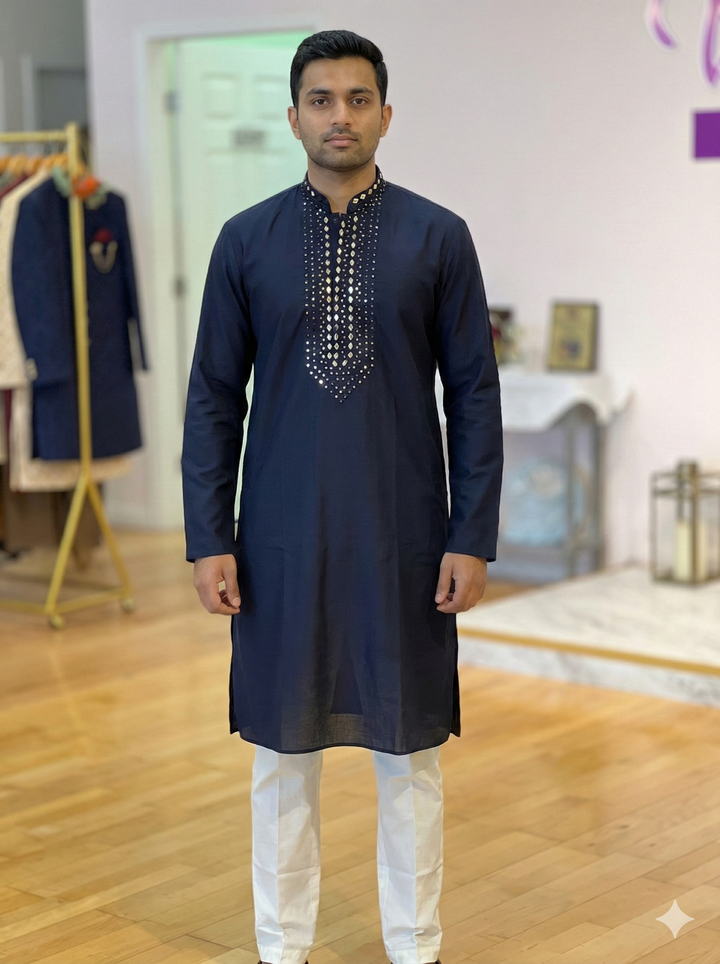 Navy Blue Mirror Embroidered Kurta Set