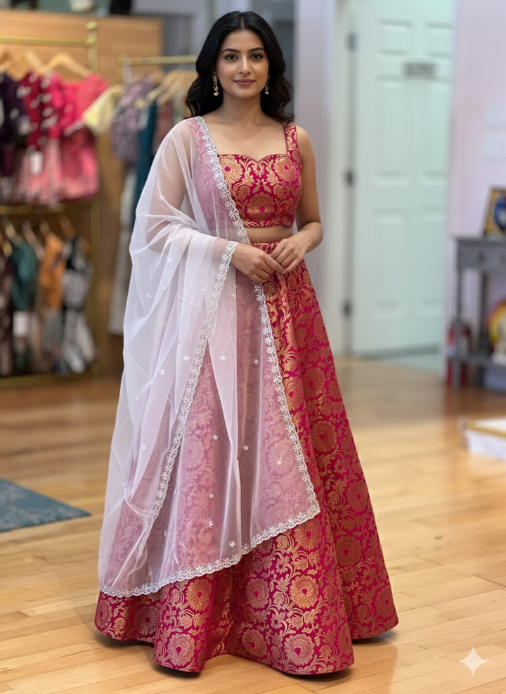 Pink Banarasi-Brocade Silk Lehenga And Blouse With White Dupatta