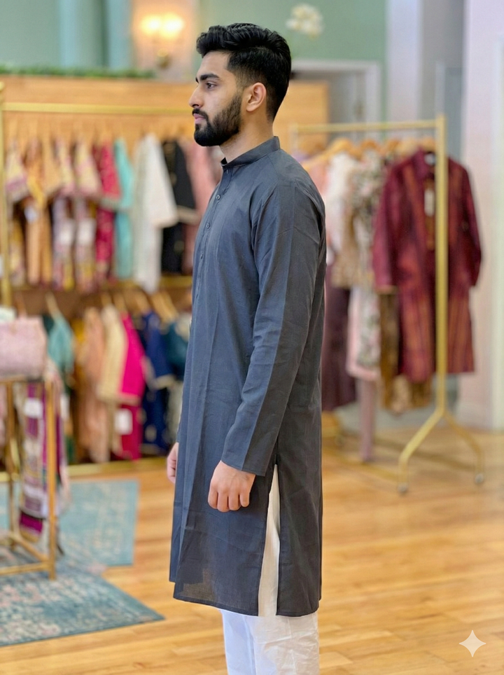 Graphite Grey Plain Silk Kurta