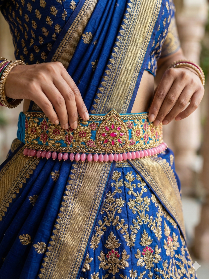 Blue and Pink Raw Silk Hand Embroidered Waist Belt