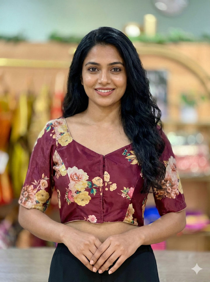 Maroon Floral Print Velvet Blouse