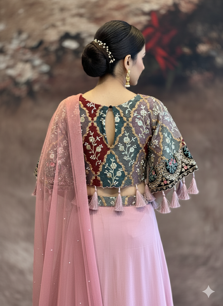 Mauve Pink Draped Skirt With Multi Color FLoral Blouse And Dupatta