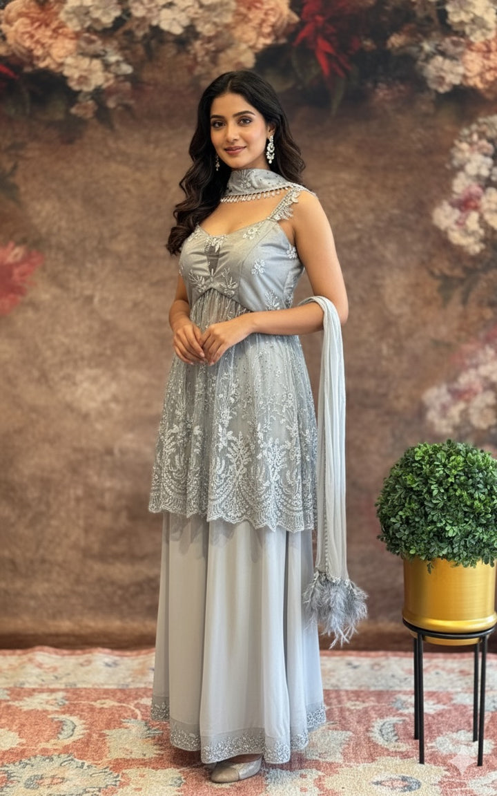 Grey Embroidered Choker-Dupatta Sharara Set