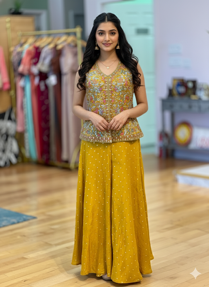 Yellow Sharara With Embroidered Corset Top And Dupatta