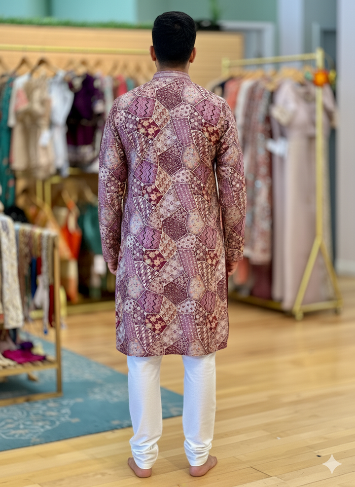 Light Purple Position Print Embroidered Kurta With Pajama