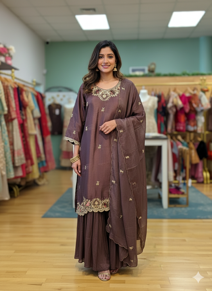 Brown Thread Embroidered Gharara