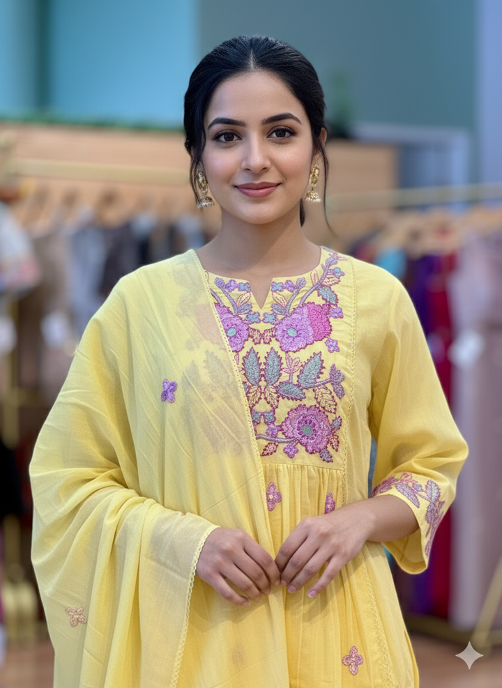 Yellow Mul Chanderi Anarkali Salwar Set