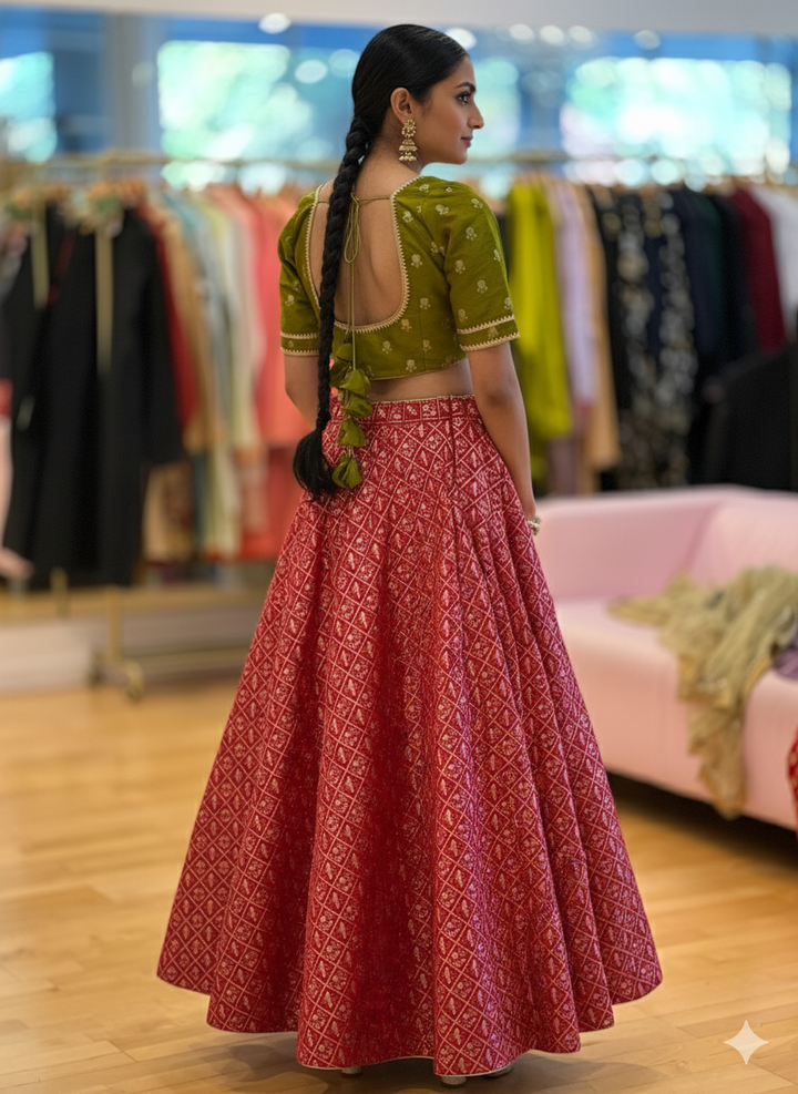 Red And Green Banarasi Silk Brocade Lehenga Set With Gold Dupatta