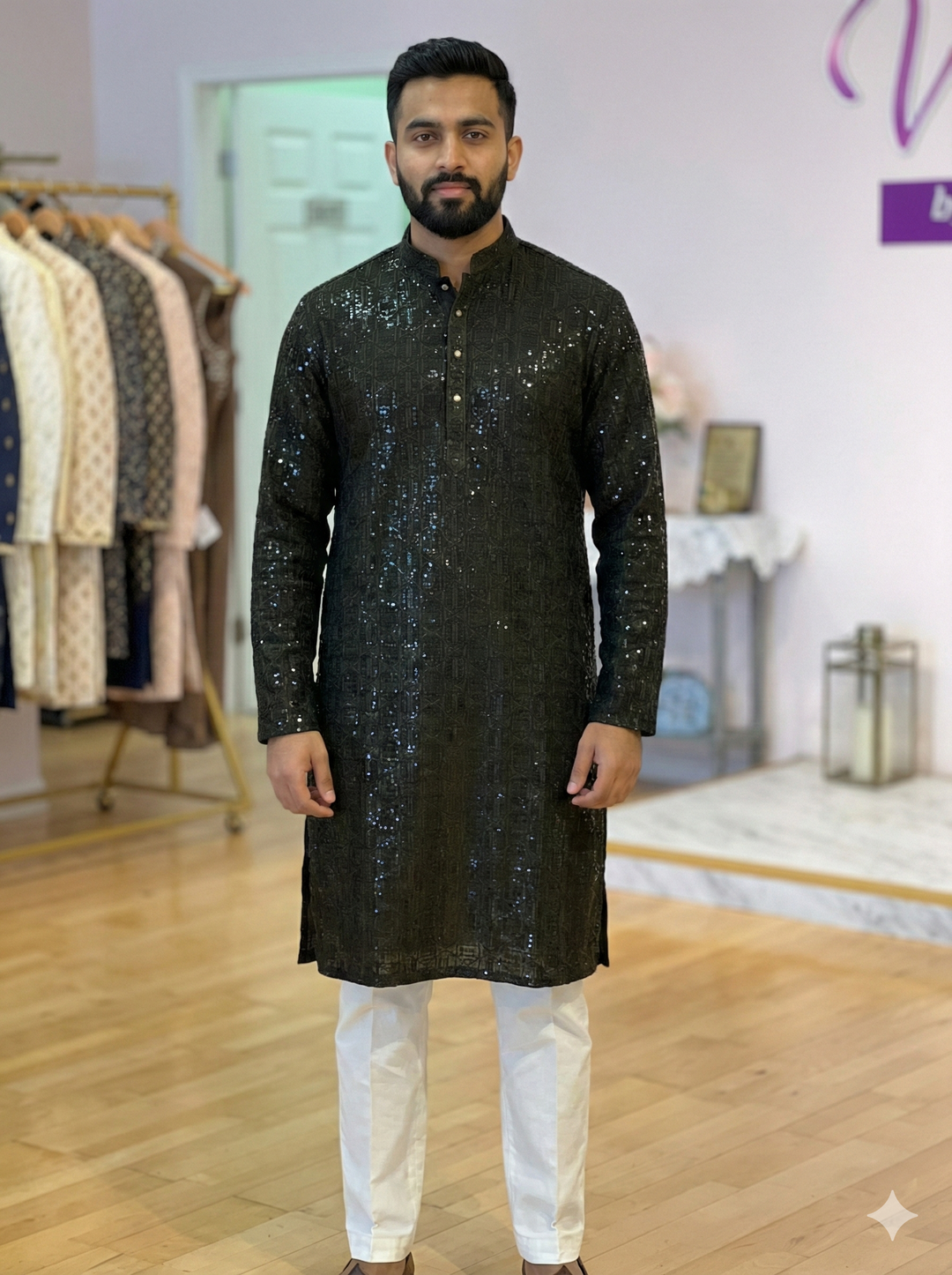 Dark Olive Green Sequins Kurta