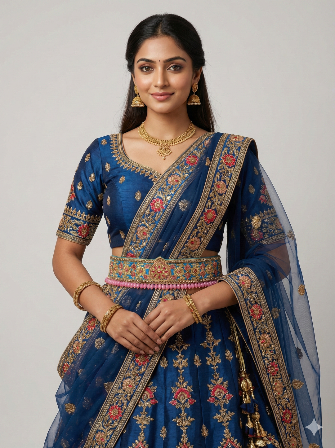 Blue and Pink Raw Silk Hand Embroidered Waist Belt