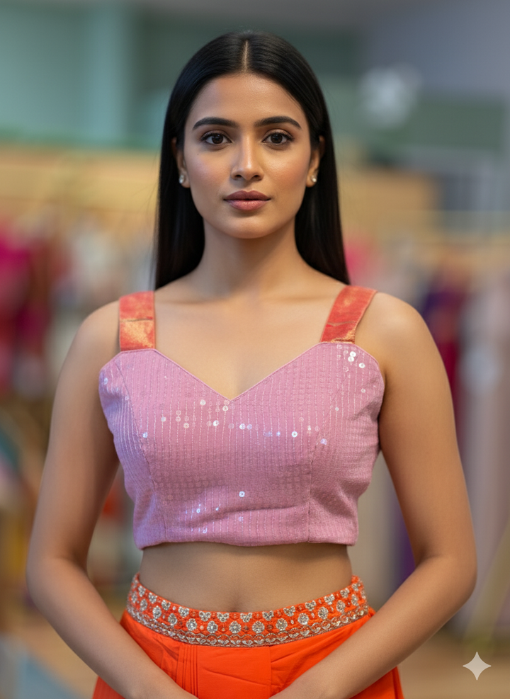 Light Purple Sequins Blouse WIth Paithani Straps Sleeveless Blouse